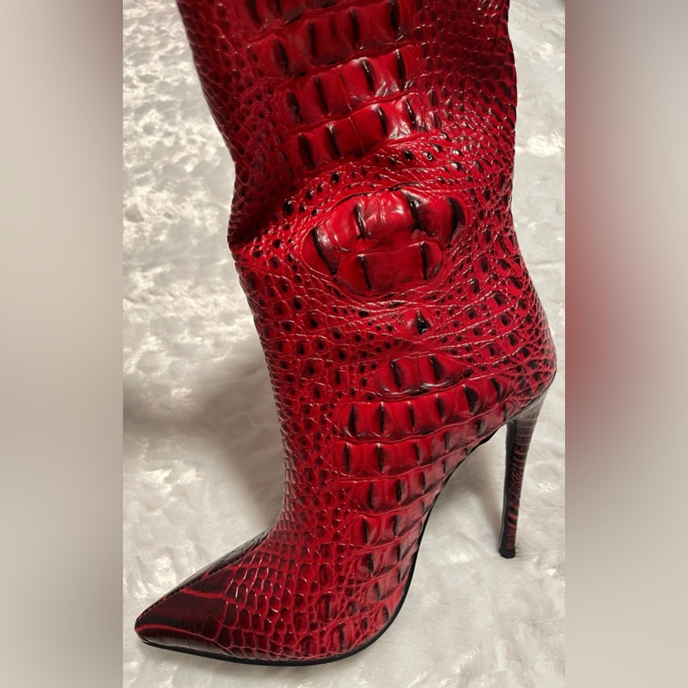 Leather Croc Embossed Womens Boots Booties - Picture 3 of 4